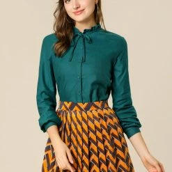 Allegra K Women's Ruffled Tie Neck Raglan Sleeve Button Up Office Shirt