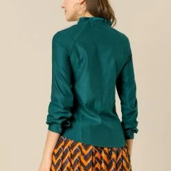 Allegra K Women's Ruffled Tie Neck Raglan Sleeve Button Up Office Shirt