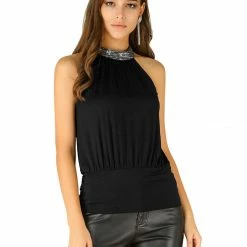 Allegra K Women's Sequins Halter Neck Party Blouson Tank Tops Blouse