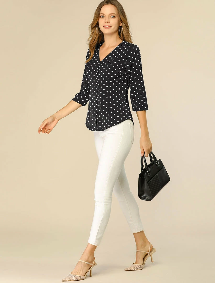 Allegra K Women's Polka Dots 3/4 Sleeve Casual Button Front Blouse Top 30 Allegra K Women's Polka Dots 3/4 Sleeve Casual Button Front Blouse Top