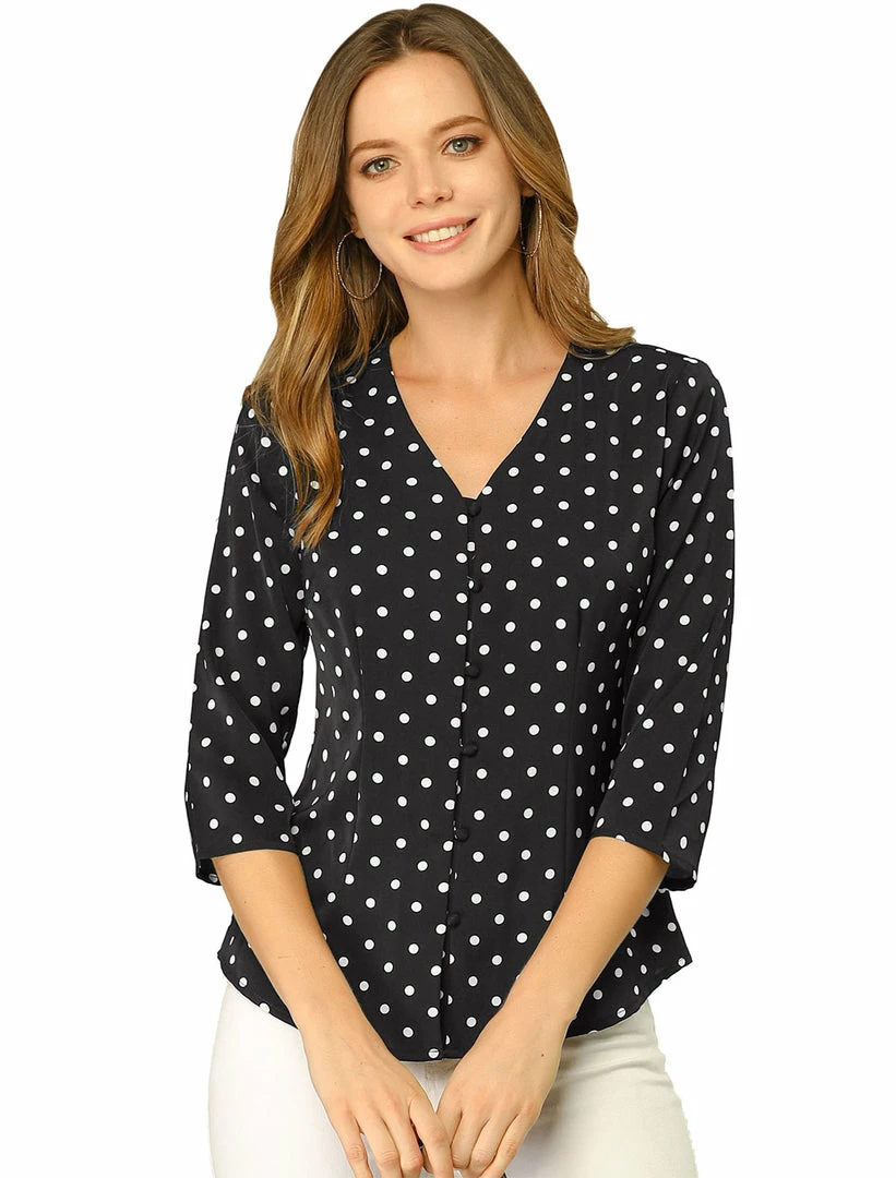 Allegra K Women's Polka Dots 3/4 Sleeve Casual Button Front Blouse Top 28 Allegra K Women's Polka Dots 3/4 Sleeve Casual Button Front Blouse Top