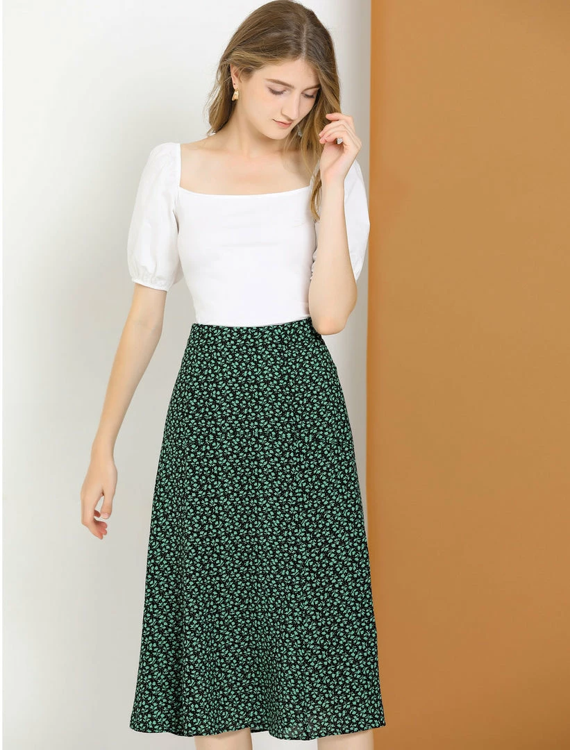 Allegra K Women's Peasant Elastic Waist A-Line Midi Leave Print Skirt 12 Allegra K Women's Peasant Elastic Waist A-Line Midi Leave Print Skirt