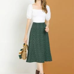 Allegra K Women's Peasant Elastic Waist A-Line Midi Leave Print Skirt 26 Allegra K Women's Peasant Elastic Waist A-Line Midi Leave Print Skirt