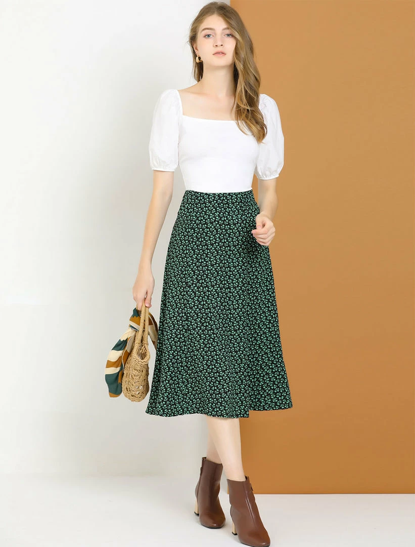 Allegra K Women's Peasant Elastic Waist A-Line Midi Leave Print Skirt 13 Allegra K Women's Peasant Elastic Waist A-Line Midi Leave Print Skirt