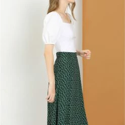 Allegra K Women's Peasant Elastic Waist A-Line Midi Leave Print Skirt 27 Allegra K Women's Peasant Elastic Waist A-Line Midi Leave Print Skirt