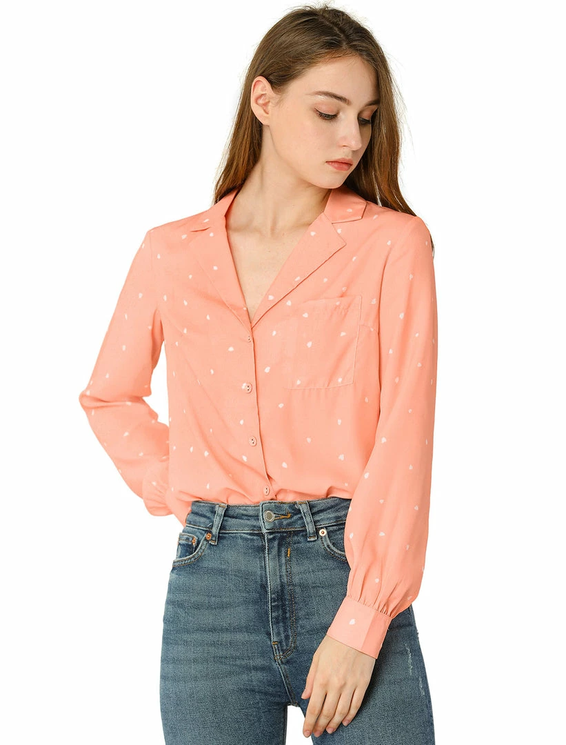 Allegra K Women's Heart Polka Dots Button Up Notched Lapel V Neck Shirt Tops 30 Allegra K Women's Heart Polka Dots Button Up Notched Lapel V Neck Shirt Tops