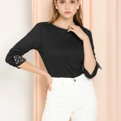 Allegra K Women's Round Neck Long Sleeve Animal Pattern Button Cuff Knit Top Blouse