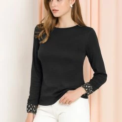 Allegra K Women's Round Neck Long Sleeve Animal Pattern Button Cuff Knit Top Blouse