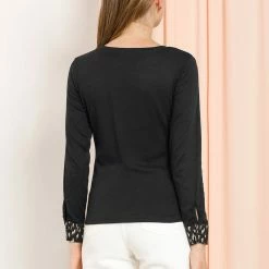 Allegra K Women's Round Neck Long Sleeve Animal Pattern Button Cuff Knit Top Blouse