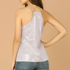Allegra K Women's Sparkle Silver Sequin V Neck A-Line Piping Strap Camisole Top