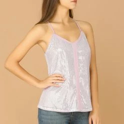 Allegra K Women's Sparkle Silver Sequin V Neck A-Line Piping Strap Camisole Top