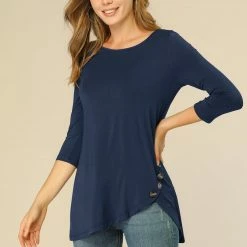 Allegra K Women's 3/4 Sleeve Casual Asymmetric Hem Stretchy Tunic Top