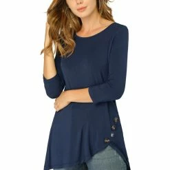 Allegra K Women's 3/4 Sleeve Casual Asymmetric Hem Stretchy Tunic Top