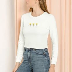 Allegra K Women's Embroidered Floral Cropped Sweatshirt Crew Neck Long Sleeve Top 13 Allegra K Women's Embroidered Floral Cropped Sweatshirt Crew Neck Long Sleeve Top