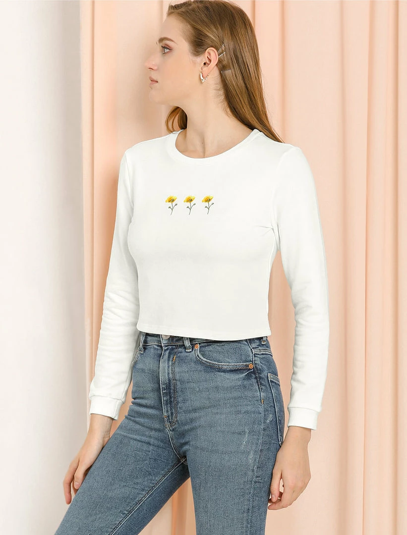 Allegra K Women's Embroidered Floral Cropped Sweatshirt Crew Neck Long Sleeve Top 7 Allegra K Women's Embroidered Floral Cropped Sweatshirt Crew Neck Long Sleeve Top