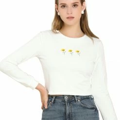Allegra K Women's Embroidered Floral Cropped Sweatshirt Crew Neck Long Sleeve Top