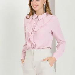 Allegra K Women's Elegant Work Office Button Down Long Sleeves Chiffon Ruffled Shirt Top