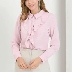 Allegra K Women's Elegant Work Office Button Down Long Sleeves Chiffon Ruffled Shirt Top