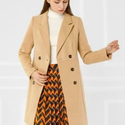 Women Allegra K Double Breasted Notched Lapel Winter Long Coat