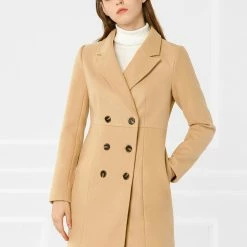 Women Allegra K Double Breasted Notched Lapel Winter Long Coat