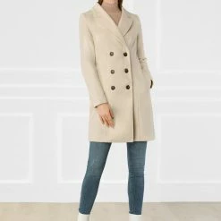 Women Allegra K Double Breasted Notched Lapel Winter Long Coat