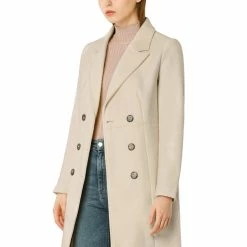 Women Allegra K Double Breasted Notched Lapel Winter Long Coat