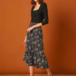 Allegra K Women's Printed Elastic Waist Tiered Ruffle Hem Flowy Midi Skirt