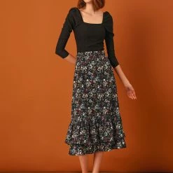 Allegra K Women's Printed Elastic Waist Tiered Ruffle Hem Flowy Midi Skirt