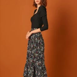 Allegra K Women's Printed Elastic Waist Tiered Ruffle Hem Flowy Midi Skirt