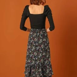 Allegra K Women's Printed Elastic Waist Tiered Ruffle Hem Flowy Midi Skirt