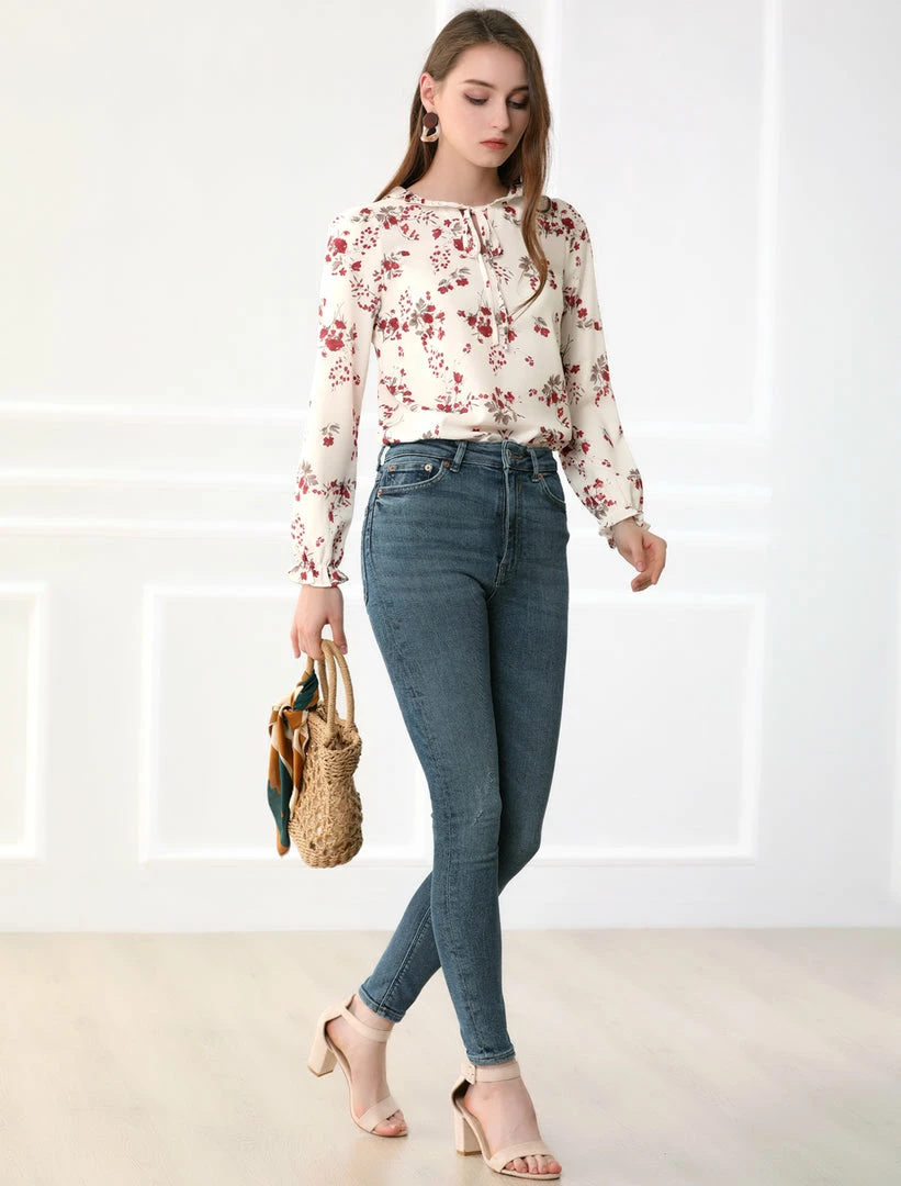 Allegra K Women's Ruffled Sleeve Blouse Frill Neck Self Tie Elegant Chiffon Floral Top 12 Allegra K Women's Ruffled Sleeve Blouse Frill Neck Self Tie Elegant Chiffon Floral Top
