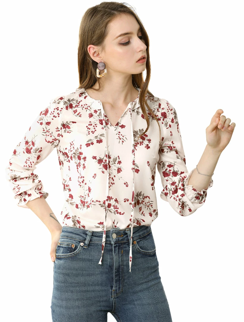 Allegra K Women's Ruffled Sleeve Blouse Frill Neck Self Tie Elegant Chiffon Floral Top 10 Allegra K Women's Ruffled Sleeve Blouse Frill Neck Self Tie Elegant Chiffon Floral Top