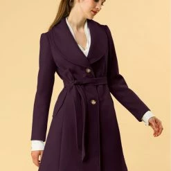 Allegra K Women's Casual Cute Turn Down Collar Slim Single Breasted Belted Coat