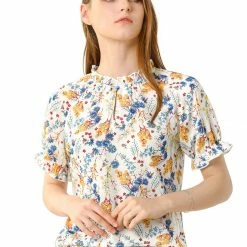 Allegra K Women's Floral Ruffled Short Sleeve Tops Ruffle Neck Casual Blouses 63 Allegra K Women's Floral Ruffled Short Sleeve Tops Ruffle Neck Casual Blouses