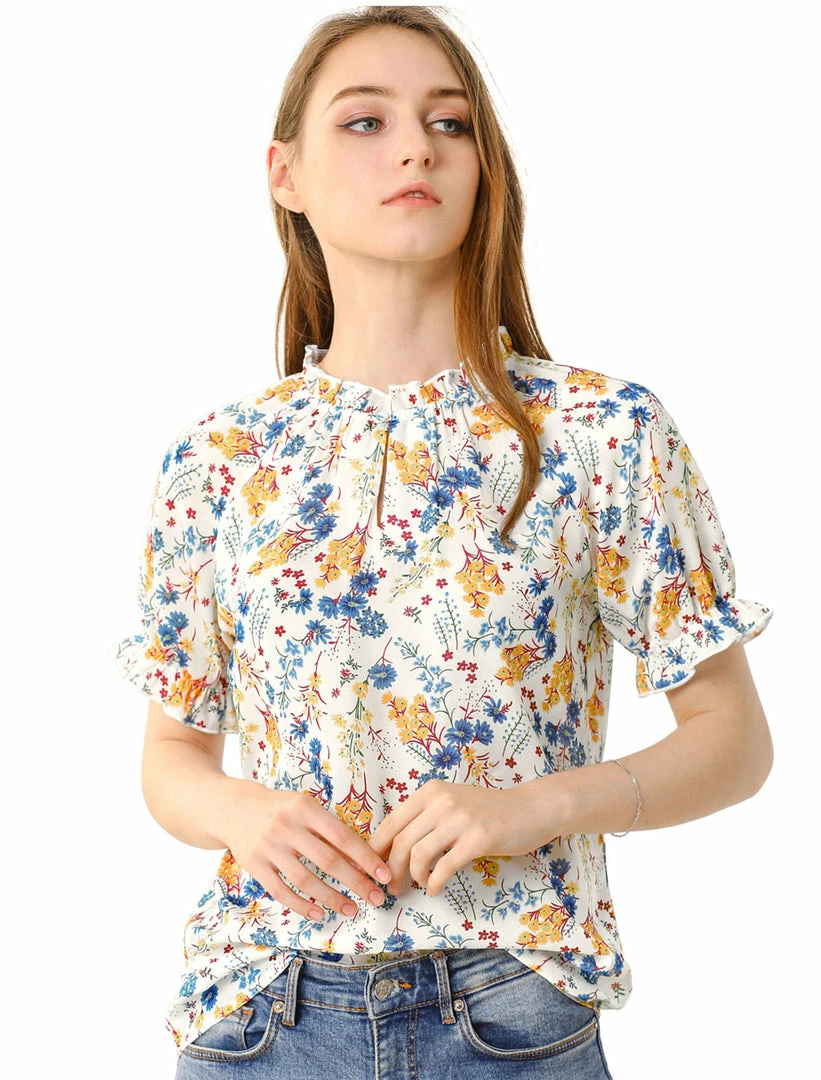 Allegra K Women's Floral Ruffled Short Sleeve Tops Ruffle Neck Casual Blouses 22 Allegra K Women's Floral Ruffled Short Sleeve Tops Ruffle Neck Casual Blouses