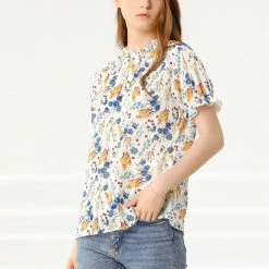 Allegra K Women's Floral Ruffled Short Sleeve Tops Ruffle Neck Casual Blouses 65 Allegra K Women's Floral Ruffled Short Sleeve Tops Ruffle Neck Casual Blouses