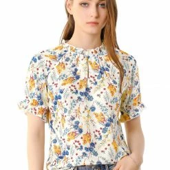 Allegra K Women's Floral Ruffled Short Sleeve Tops Ruffle Neck Casual Blouses 62 Allegra K Women's Floral Ruffled Short Sleeve Tops Ruffle Neck Casual Blouses