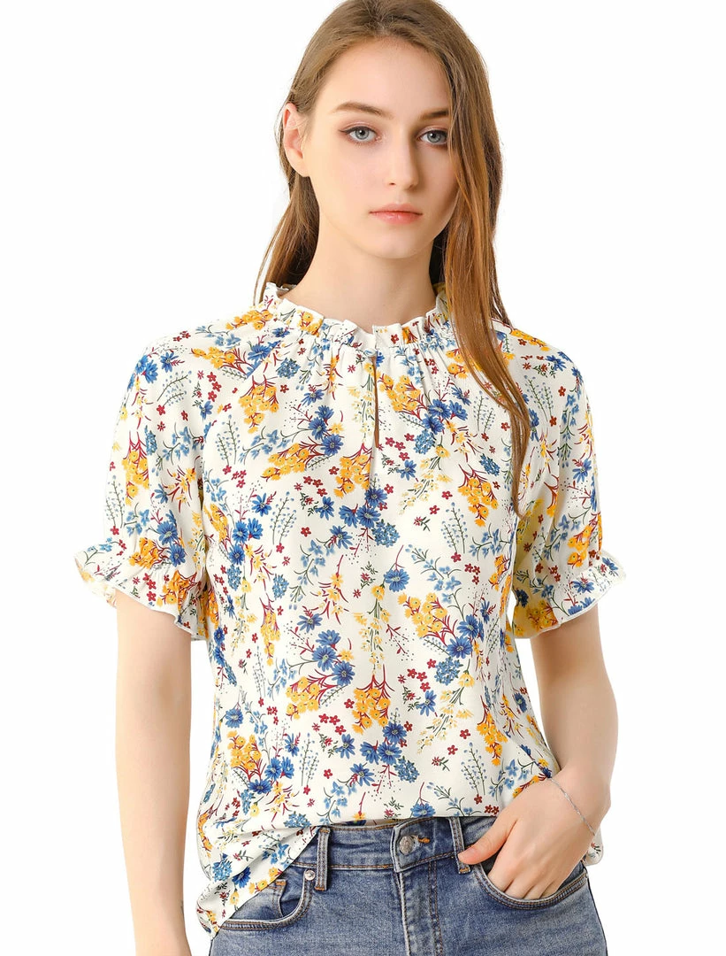 Allegra K Women's Floral Ruffled Short Sleeve Tops Ruffle Neck Casual Blouses 21 Allegra K Women's Floral Ruffled Short Sleeve Tops Ruffle Neck Casual Blouses