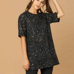 Allegra K Women's Metallic Star Tunic Ripped Top Round Neck Loose Short Sleeves Shirt Blouse 11 Allegra K Women's Metallic Star Tunic Ripped Top Round Neck Loose Short Sleeves Shirt Blouse