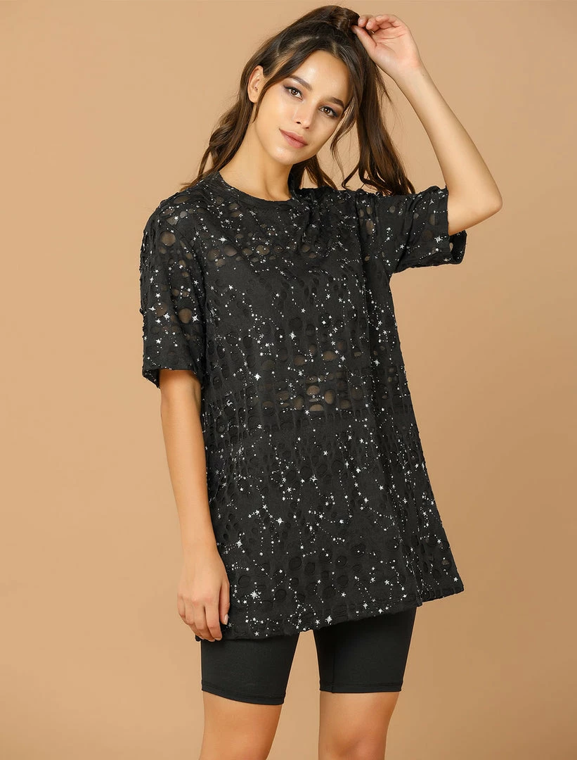 Allegra K Women's Metallic Star Tunic Ripped Top Round Neck Loose Short Sleeves Shirt Blouse 5 Allegra K Women's Metallic Star Tunic Ripped Top Round Neck Loose Short Sleeves Shirt Blouse