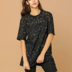Allegra K Women's Metallic Star Tunic Ripped Top Round Neck Loose Short Sleeves Shirt Blouse 12 Allegra K Women's Metallic Star Tunic Ripped Top Round Neck Loose Short Sleeves Shirt Blouse