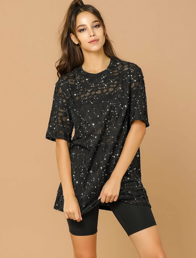Allegra K Women's Metallic Star Tunic Ripped Top Round Neck Loose Short Sleeves Shirt Blouse 6 Allegra K Women's Metallic Star Tunic Ripped Top Round Neck Loose Short Sleeves Shirt Blouse