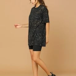 Allegra K Women's Metallic Star Tunic Ripped Top Round Neck Loose Short Sleeves Shirt Blouse 13 Allegra K Women's Metallic Star Tunic Ripped Top Round Neck Loose Short Sleeves Shirt Blouse