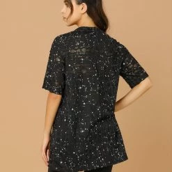 Allegra K Women's Metallic Star Tunic Ripped Top Round Neck Loose Short Sleeves Shirt Blouse 14 Allegra K Women's Metallic Star Tunic Ripped Top Round Neck Loose Short Sleeves Shirt Blouse