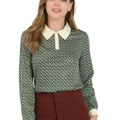 Allegra K Women's Geometric Button Down Shirt Long Sleeve Work Office Collar Tops Blouse 22 Allegra K Women's Geometric Button Down Shirt Long Sleeve Work Office Collar Tops Blouse