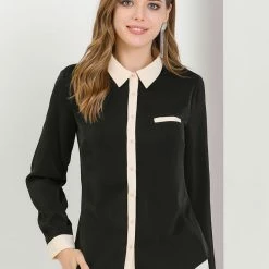 Allegra K Women's Color Block Button Up Long Sleeve Work Shirt