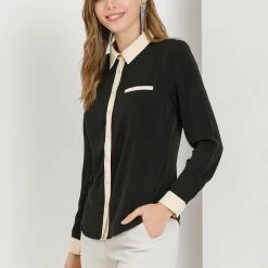 Allegra K Women's Color Block Button Up Long Sleeve Work Shirt
