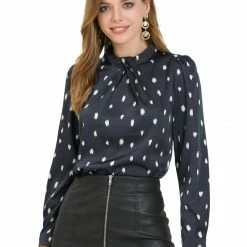 Allegra K Women's Vintage Satin Silk Long Puff Sleeve Ruffle Turtleneck Dots Blouse Top