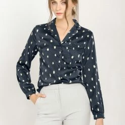 Allegra K Women's Satin Polka Dots Blouses Elegant Camp Collar Long Sleeve Button Up Shirt