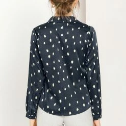 Allegra K Women's Satin Polka Dots Blouses Elegant Camp Collar Long Sleeve Button Up Shirt